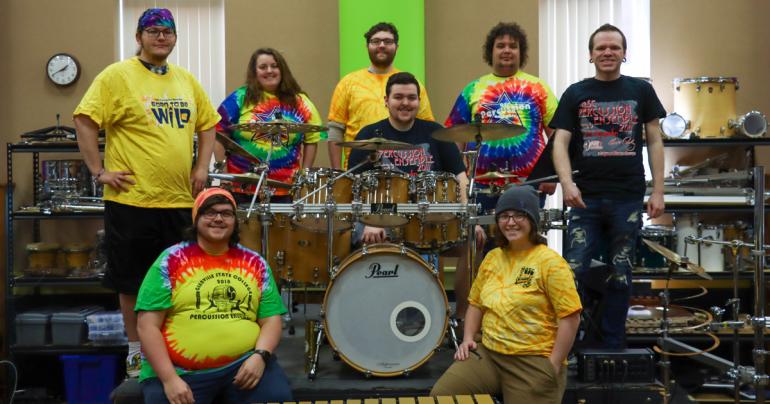 Among those performing in the upcoming Percussion Concert at Glenville State University include (l-r) Mitchell Blackburn, Joe Lutsy, Tina Lowe, Marcus Spinks, Jacob Lutsy, Joseph Jarosz, Tess Bradburn, and Garrett Hacker. The performance is scheduled for Friday, April 8 at 7:00 p.m. in the Fine Arts Center Auditorium.