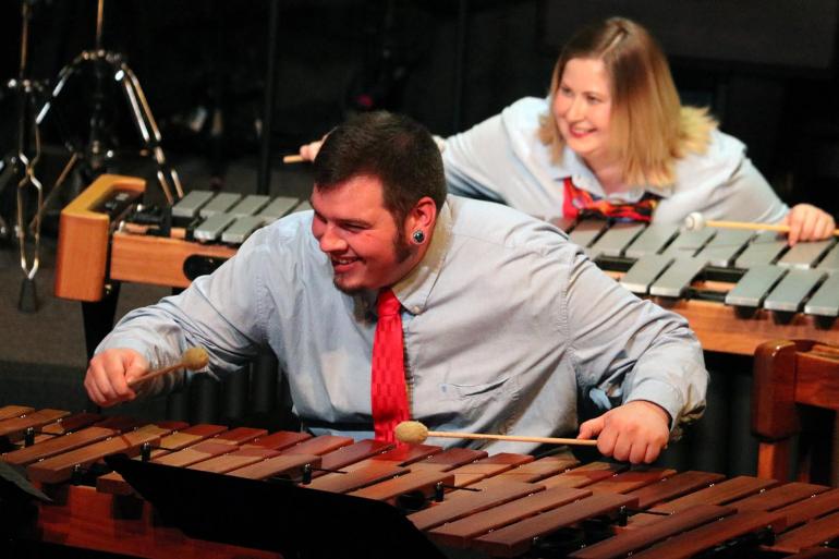 Jacob Shingler and Stephanie Messenger performing at the Percussion Ensemble Concert in 2019 (GSC Photo/Dustin Crutchfield)