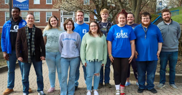 Members of the Glenville State University Debate Team; (l-r) Jahzeiah Wade, Advisor Dr. Brian Johnston, Rebekah Hypes, McKinzie White, Charles Copeland, Sandra Crites, Noah Miner, Chelsea Devins, Alyssa Gibson, Patrick Fisher, and Advisor Dr. Josh Squires. (GSU Photo/Dustin Crutchfield)