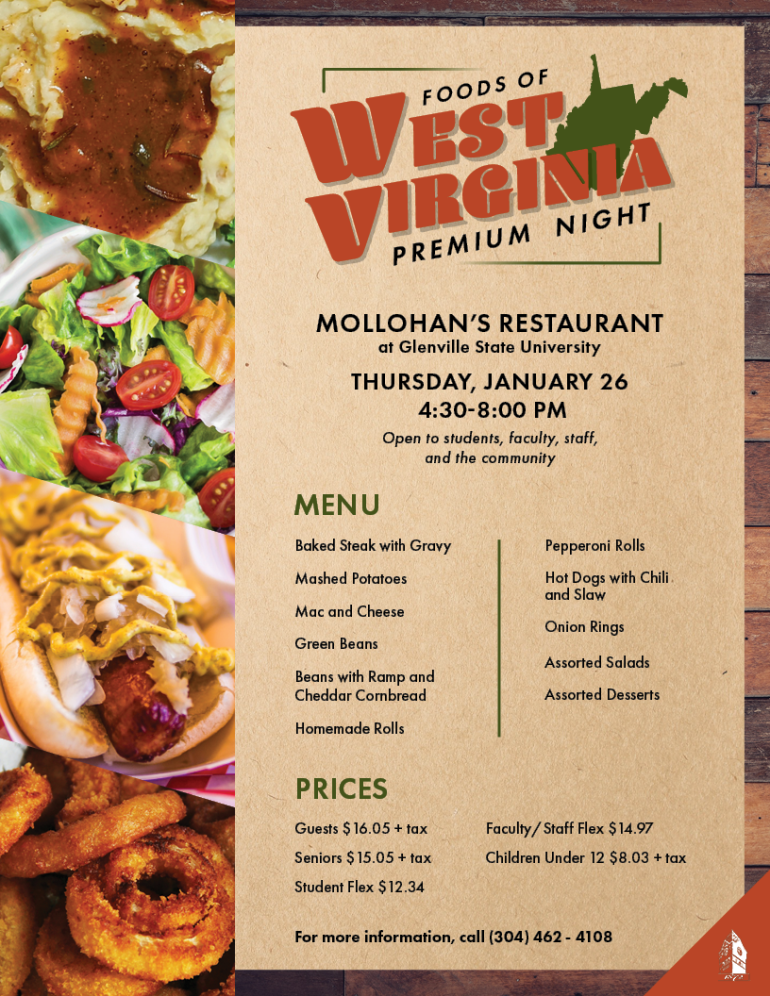 January's Premium Night menu is themed around the "Foods of West Virginia" - join us on Thursday, January 26 in Mollohan's Restaurant.
