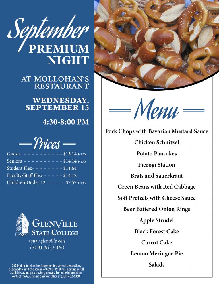 Premium Night will be held at Mollohan's Restaurant on Wednesday, September 15.