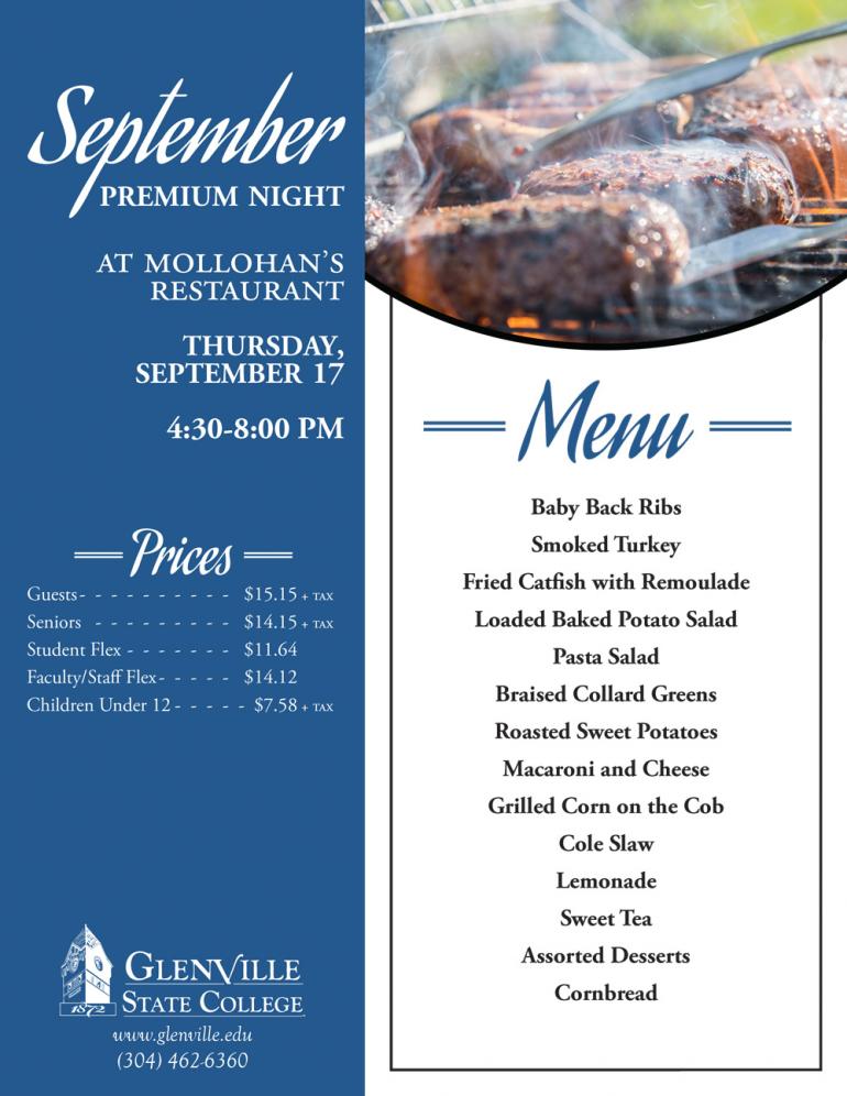 September Premium Night Flyer The next Premium Night at Mollohan's Restaurant will take place Thursday, September 17