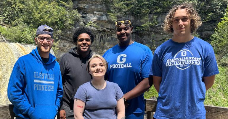 Glenville State University Student Government Association members (l-r) Dylan Day, Marcell Guy, Samantha Tanner, Jahzeiah Wade, and Michael Miller in front of Blackwater Falls. The group stopped for some sightseeing on their way home from the WV Student Leadership Conference. (Courtesy Photo)