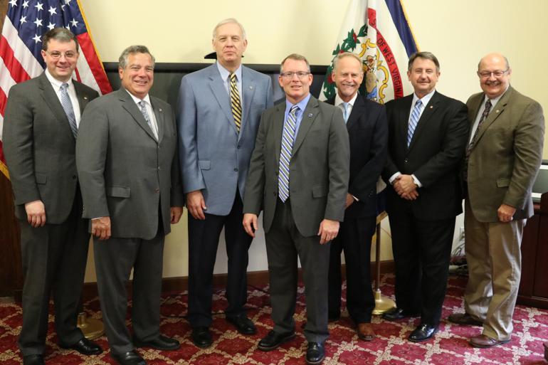 (l-r) Delegate Roger Hanshaw, Senator Mike Romano, Governor's Legislative Director Bob Ashley, GSC President Dr. Tracy Pellett, WV HEPC Chancellor Dr. Paul Hill, Delegate Brent Boggs, and Senator Doug Facemire (l-r) Delegate Roger Hanshaw, Senator Mike Romano, Governor's Legislative Director Bob Ashley, GSC President Dr. Tracy Pellett, WV HEPC Chancellor Dr. Paul Hill, Delegate Brent Boggs, and Senator Doug Facemire