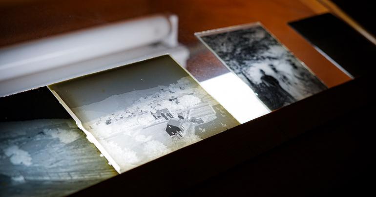 Turner Glass Negatives Several glass negatives, which were donated to the Glenville State College Archives, are displayed on a light box. (GSC Photo/Kristen Cosner)