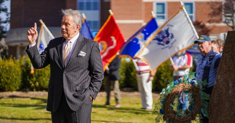 Veterans Day 2021 Glenville State College President Dr. Mark Manchin speaks to those assembled at the College's Veterans Day ceremony. (GSC Photo/Kristen Cosner)