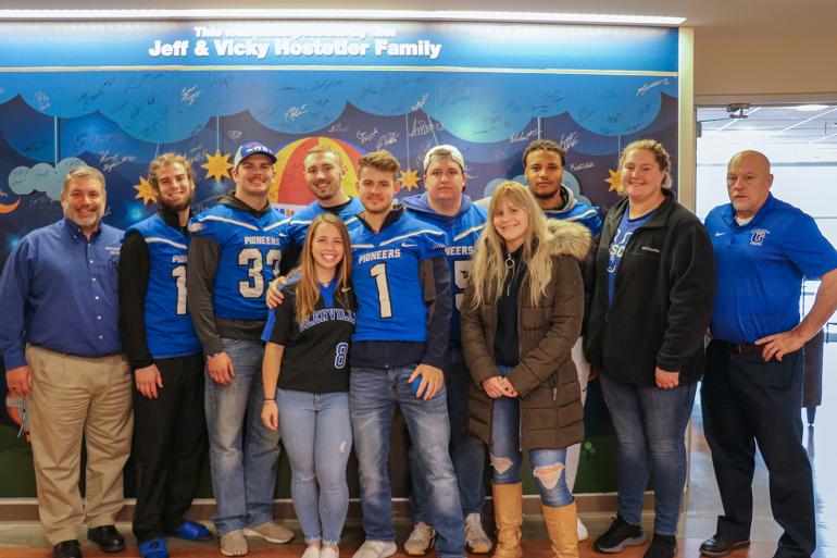 Glenville State College students and staff who visited WVU Medicine Children’s in Morgantown, West Virginia Glenville State College students and staff who visited WVU Medicine Children’s in Morgantown, West Virginia (l-r) Tom Ratliff, Justin Watts, Austin Ratliff, Jordan Hartman, Kayla Letart, Caleb Wynn, Drew Taylor, Larissa Hayman, Amede Vital, Megan Wilfong, and Jesse Skiles (GSC Photo/Kristen Cosner)