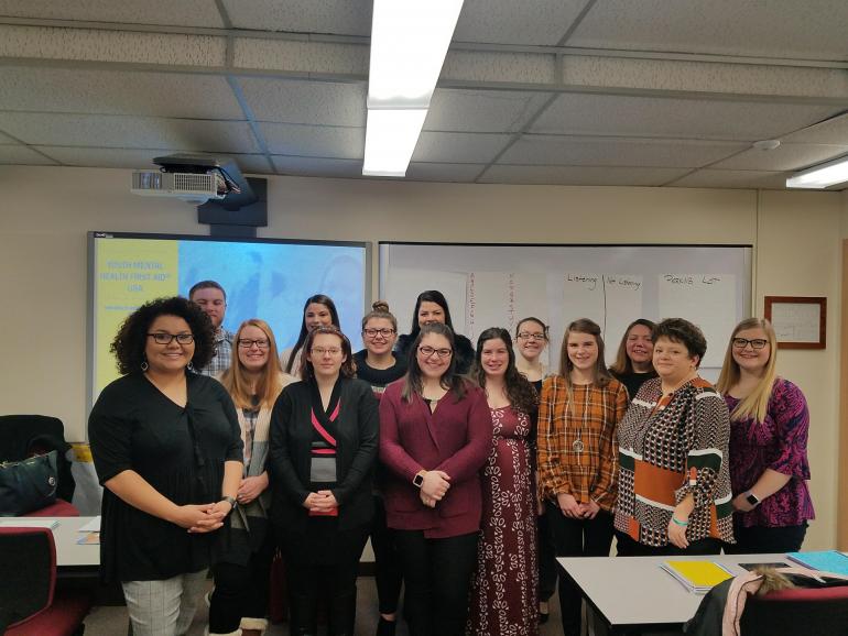 GSC student teacher interns who participated in the YMHFA training included: front row (l-r) Sarah Brunty, Autumn Knight, Dorothy Davis, Faith Woods, Miranda Allen, Taylor Cool, Dr. Grace Wine; back row (l-r): Clayton Lagasse, Kelly Bruce, Aimee Asbury, Brooke Spencer, Rachel Flanigan, Dianne Bailey-Miller, Bethany Spelock GSC student teacher interns who participated in the YMHFA training included: front row (l-r) Sarah Brunty, Autumn Knight, Dorothy Davis, Faith Woods, Miranda Allen, Taylor Cool, Dr. Grace Wine; back row (l-r): Clayton Lagasse, Kelly Bruce, Aimee Asbury, Brooke Spencer, Rachel Flanigan, Dianne Bailey-Miller, Bethany Spelock (GSC Photo/Kristen Cosner)