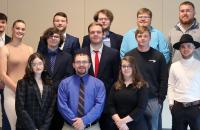 Glenville State University Department of Business Distinguished Students 2023 (l-r; front row) Haylen Book, Hunter Lemon, Faith Byerly; (middle row) Aline Février, Garrett Watts, Charles Copeland, Avery Book, Samuel McNeil; (back row) Jacob Mattox, Christian Ramsey, Dakota Deel, Justin Tucker, Ian Pomeroy. Not pictured: Abigail McDermott, Ashton Palmer, Jaycie Johnson, Taylor Oldaker, Emma McLean, Ryan Rodriguez, and Tiffany Cole. (GSU Photo/Seth Stover)