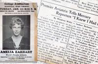 This composite image shows the promotional poster for Amelia Earhart's visit to Glenville State College in 1936 and a portion of her interview with the Glenville State student newspaper.