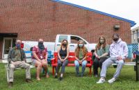 (l-r) Chris Cosner, Carla Bowman, Zoe Yates, Clair Amos, Brianna Deel, and Hayden Coon with a few of the benches that were refreshed by the GSC Art Society (GSC Photo/Kristen Cosner)