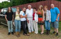 Members of the Glenville State College Bluegrass Band when they visited Tom T. Hall’s personal recording studio in 2013; (l-r) Ryan Spangenberg, Laiken (Boyd) Blankenship, Dr. Megan McKnight, Tom T. Hall, Carol Belknap, Brittany McGuire, Toni Doman, and Richie Jones.