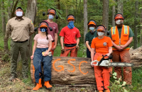 WVDOF employees Jesse King (far left) and Johnny King (far right) are joined by GSC students (l-r) Katlyne Rollyson, Dylan Fitzgerald, Jonathan Myles Hutton, Lexi Fletcher, and Heather Moore after the timber felling and chainsaw safety workshop