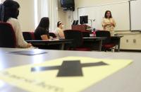 Glenville State College students in one of Connie Stout O’Dell’s (standing) classes meet for the first time on Monday, August 17