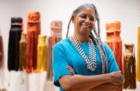 Franchell Mack Brown’s FLAGVIBES exhibit is currently on display at the Art Gallery at Glenville State University. (GSU Photo/Kristen Cosner)