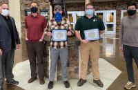 (l-r) Glenville State College Vice President of Advancement David Hutchison, Associate Professor of Forestry Dr. Brian Perkins, Rick Sypolt Scholarship recipient Robert Stearns, Ed Grafton Forestry Scholarship recipient Logan Hosaflook, and Department Chair and Professor of Forestry Dr. Rico Gazal.