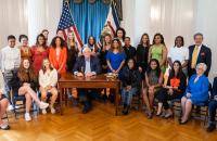 Members of the Glenville State University Lady Pioneers 2022 NCAA Division II Women’s Basketball National Champion team with West Virginia Governor Jim Justice, Glenville State University President Dr. Mark A. Manchin, and longtime Glenville State supporters Ike and Sue Morris. | Photo Courtesy WV Governor's Office