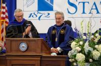 Glenville State College Board of Governors Chair Mike Rust and WV Higher Education Policy Commission Chancellor Dr. Sarah Tucker officially install Dr. Mark A. Manchin (center) as Glenville State College’s 26th President. (GSC Photo/Kristen Cosner)