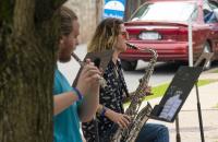 Pioneer Marching Band members take part in a socially distant practice session during their annual band camp