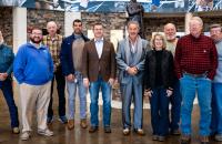 (l-r) Chester Shoals, Cody Moore, Rick Sypolt, Charlie Warino, Jason Harshbarger, Dr. Mark Manchin, Jane Cain, Tom Snyder, Bud Sponaugle, and Pat Nestor inside the Waco Center at Glenville State University. Warino and Harshbarger were on hand to present a $5,000 donation from BHE GT&S for the Pioneer Nature Trail. (GSU Photo/Kristen Cosner)