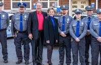 Glenville State University Public Safety staff in their new uniforms. Pictured (l-r) Administrative Chief W.D. Boone, Chief M.J. Wheeler, GSU President Dr. Mark Manchin, GSU Vice President for Administration Rita Hedrick-Helmick, Police Officer B.S. Benson, Security Guard D.A. Yoho, Police Officer A.M. Gissy, and Security Guard A.D. Stoddard. (GSU Photo/Kristen Cosner)