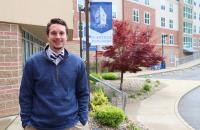 Trae Sprague, recipient of the 2020 GSC Staff Employee of the Year Award, outside of Goodwin Hall on campus (GSC Photo/Dustin Crutchfield)