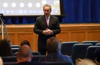 Glenville State College President Dr. Mark A. Manchin speaks to faculty and staff assembled for the annual opening meeting. The meeting is held prior the beginning of each semester and serves as an opportunity for employees to hear campus updates. (GSC Photo/Kristen Cosner)